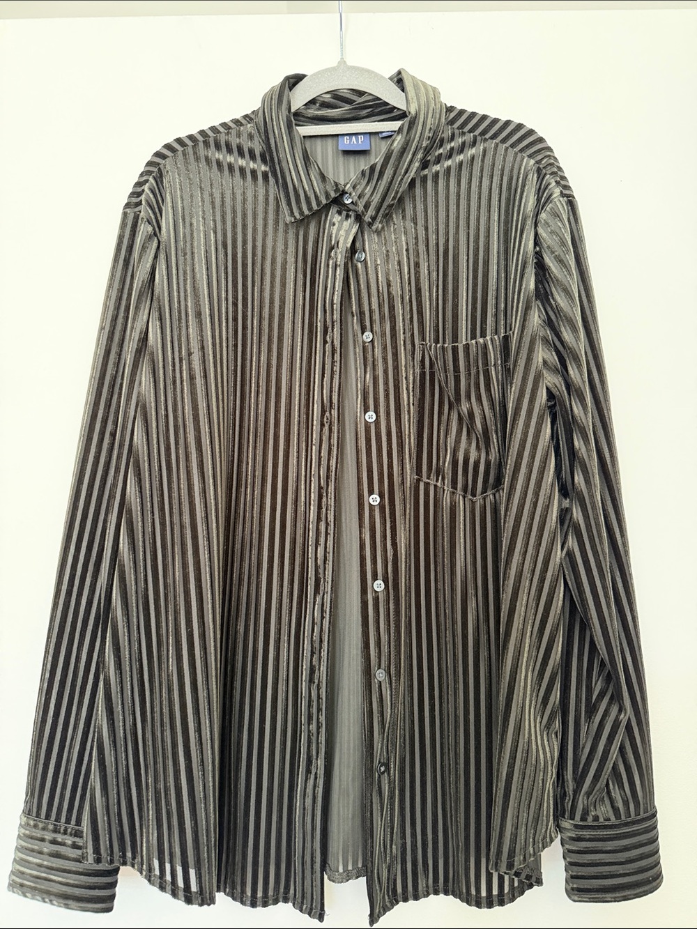 GAP Olive Green Striped Velour Button-Down Shirt
